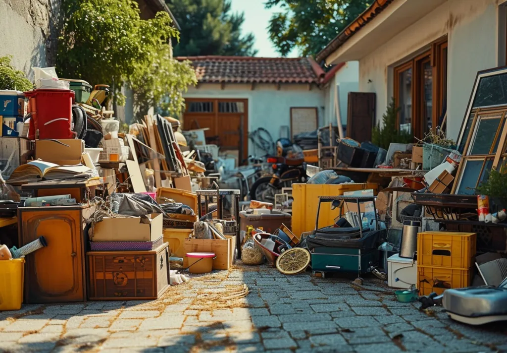 Hoarding cleanouts junk removal – cluttered home exterior filled with boxes, furniture, and debris before professional cleanout service.
