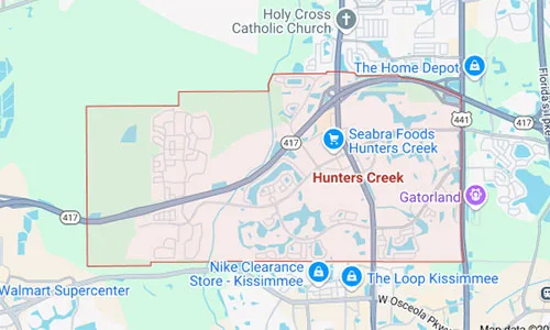 Hunters Creek map highlighting the service areas covered by Dumpster Crews for junk removal and dumpster rental.