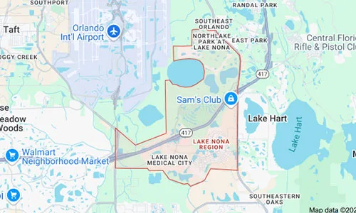 Lake Nona map highlighting the service areas covered by Dumpster Crews for junk removal and dumpster rental.