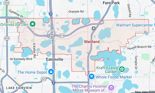 Maitland map highlighting the service areas covered by Dumpster Crews for junk removal and dumpster rental.