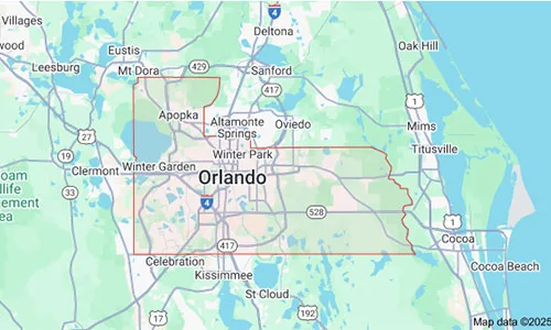 Orange County map highlighting the service areas covered by Dumpster Crews for junk removal and dumpster rental.