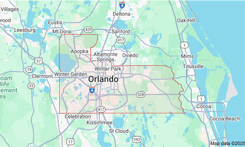Orange County map highlighting the service areas covered by Dumpster Crews for junk removal and dumpster rental.