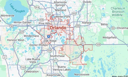 Orlando map highlighting the service areas covered by Dumpster Crews for junk removal and dumpster rental.