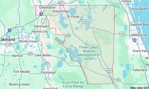 Osceola County map highlighting the service areas covered by Dumpster Crews for junk removal and dumpster rental.