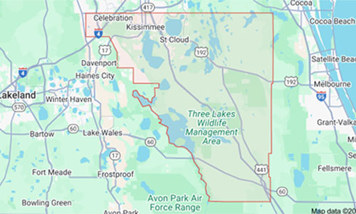 Osceola County map highlighting the service areas covered by Dumpster Crews for junk removal and dumpster rental.