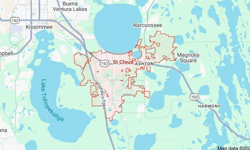 St CLoud map highlighting the service areas covered by Dumpster Crews for junk removal and dumpster rental.