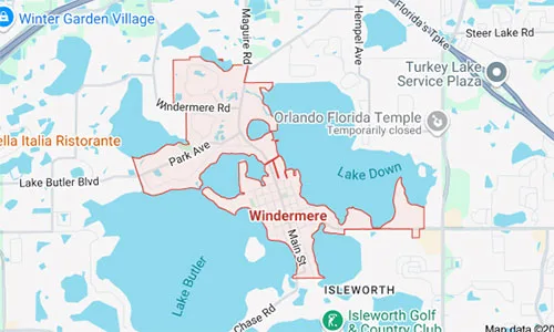 Windermere map highlighting the service areas covered by Dumpster Crews for junk removal and dumpster rental.