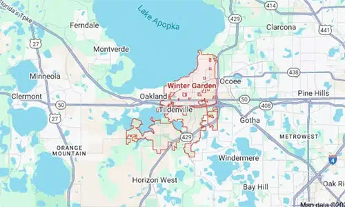Winter Garden map highlighting the service areas covered by Dumpster Crews for junk removal and dumpster rental.