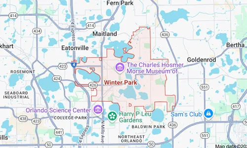 Winter Park map highlighting the service areas covered by Dumpster Crews for junk removal and dumpster rental.